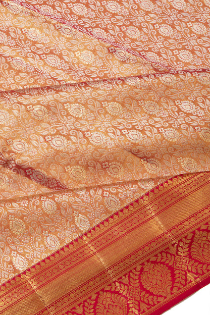 Kanchipuram Silk Tissue Brocade Orange Saree With Small Border
