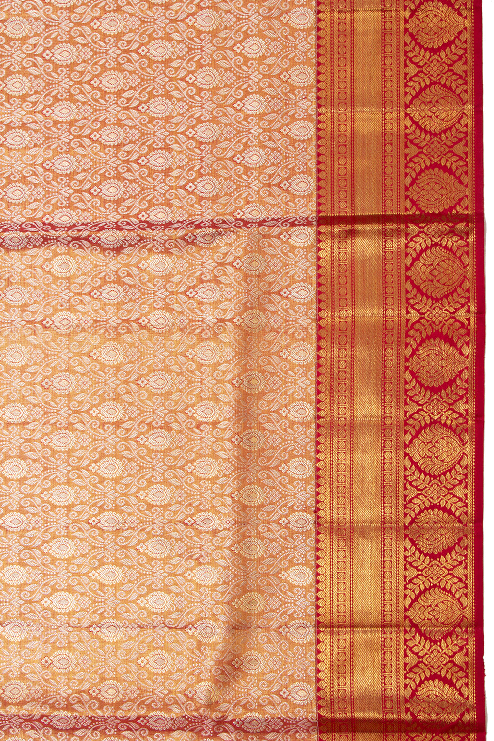 Kanchipuram Silk Tissue Brocade Orange Saree With Small Border