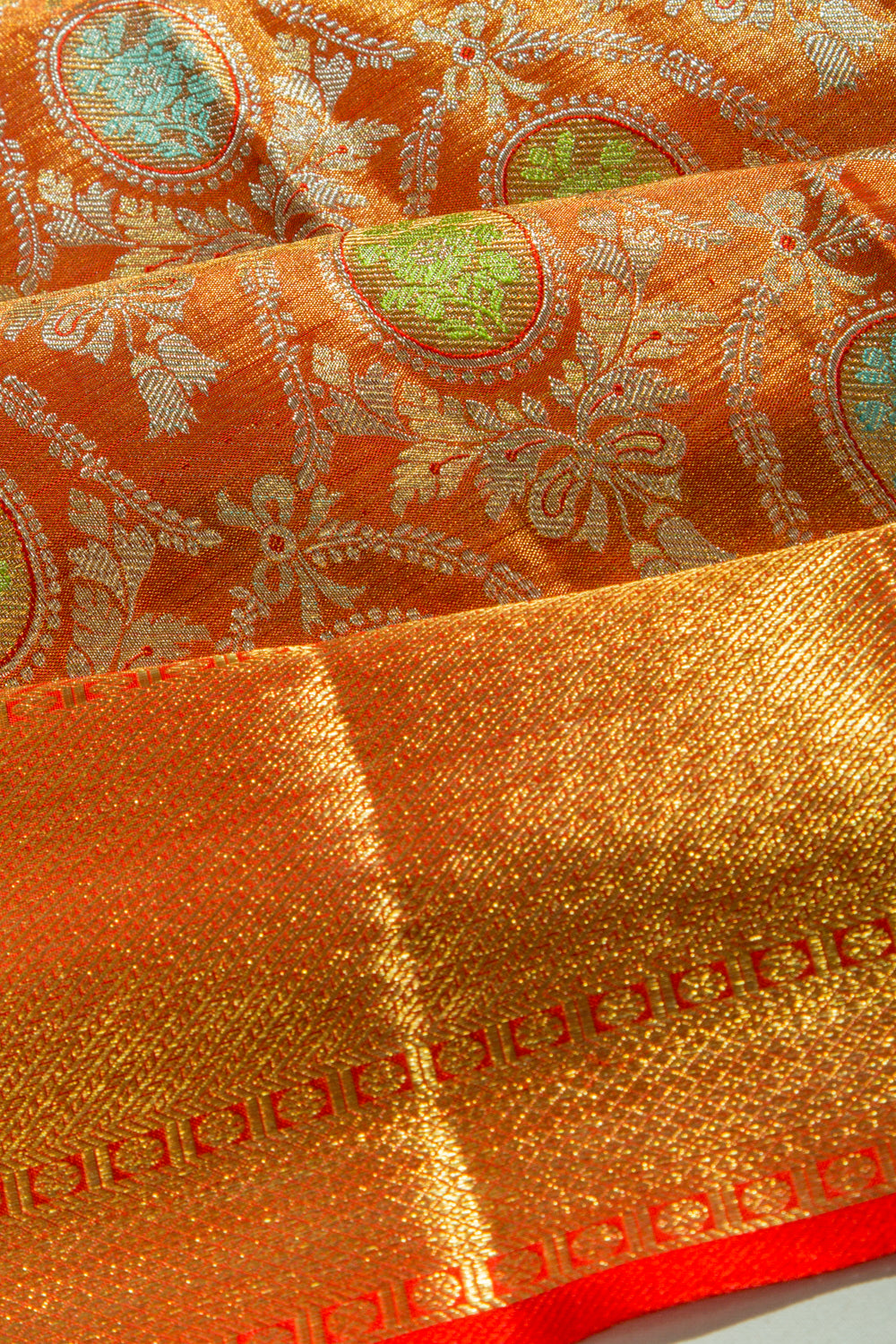 Kanchipuram Silk Tissue Brocade Orange Saree