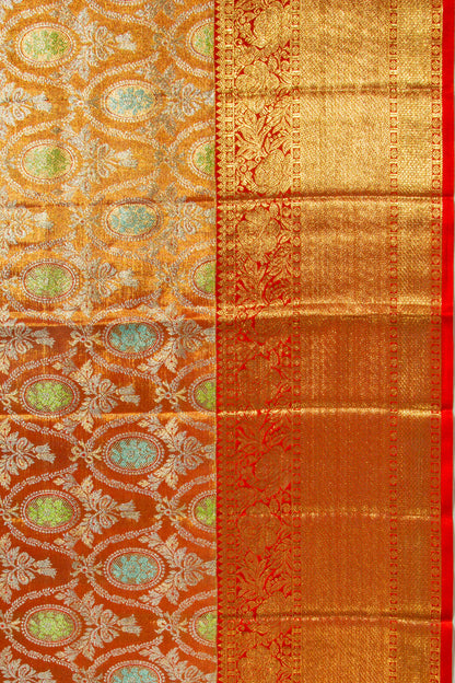 Kanchipuram Silk Tissue Brocade Orange Saree