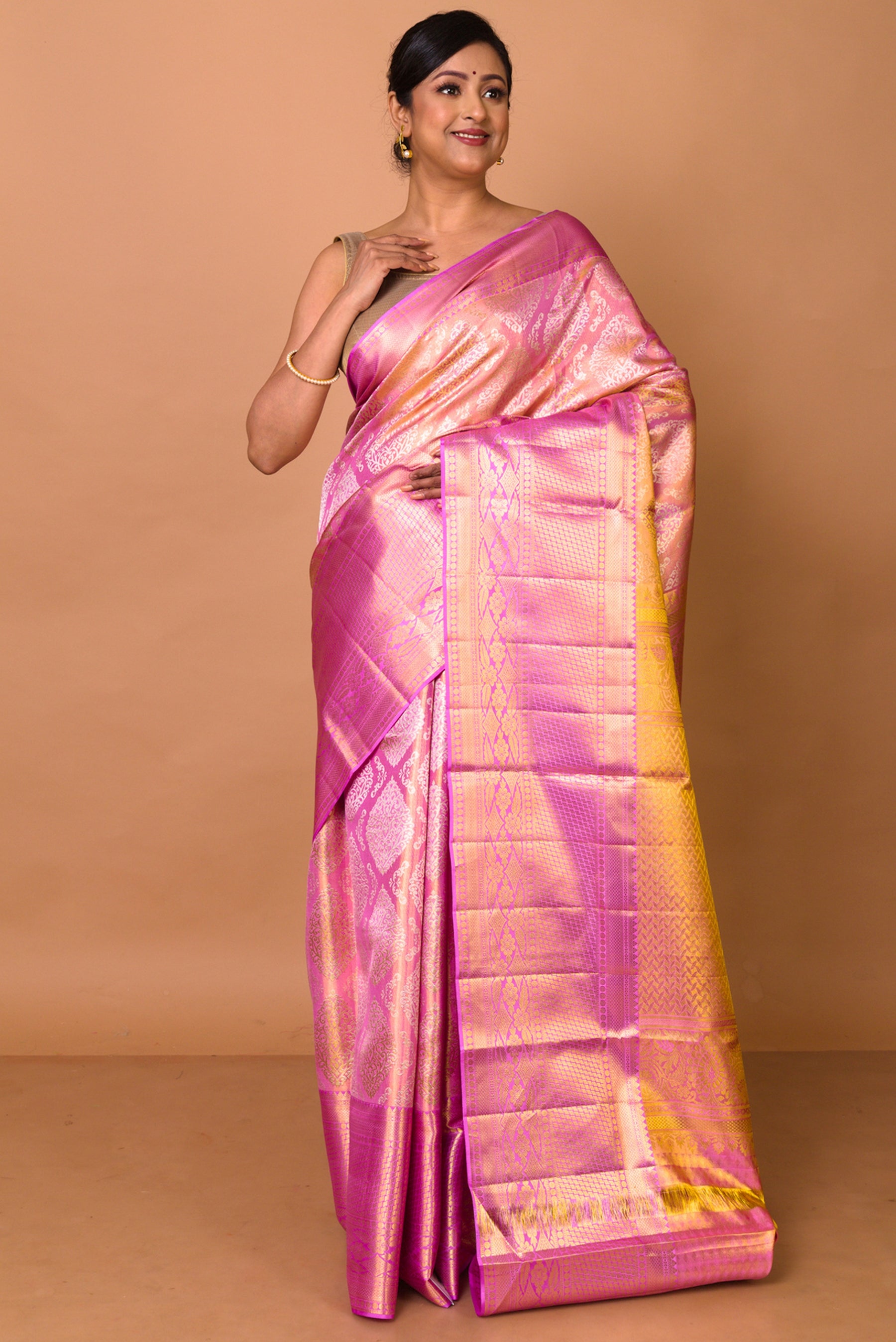 Kanchipuram Silk Tissue Brocade Pink Saree