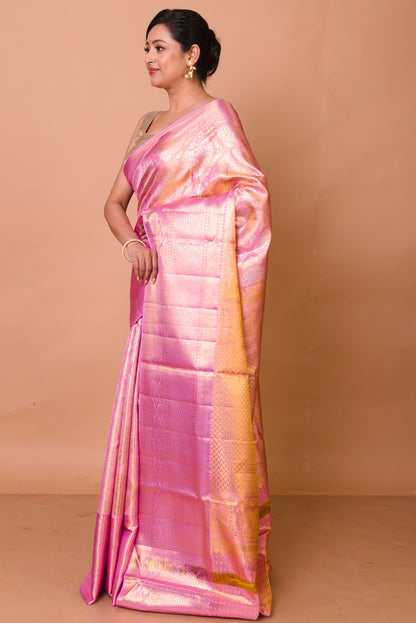 Kanchipuram Silk Tissue Brocade Pink Saree
