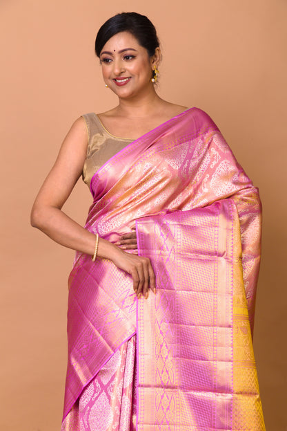 Kanchipuram Silk Tissue Brocade Pink Saree