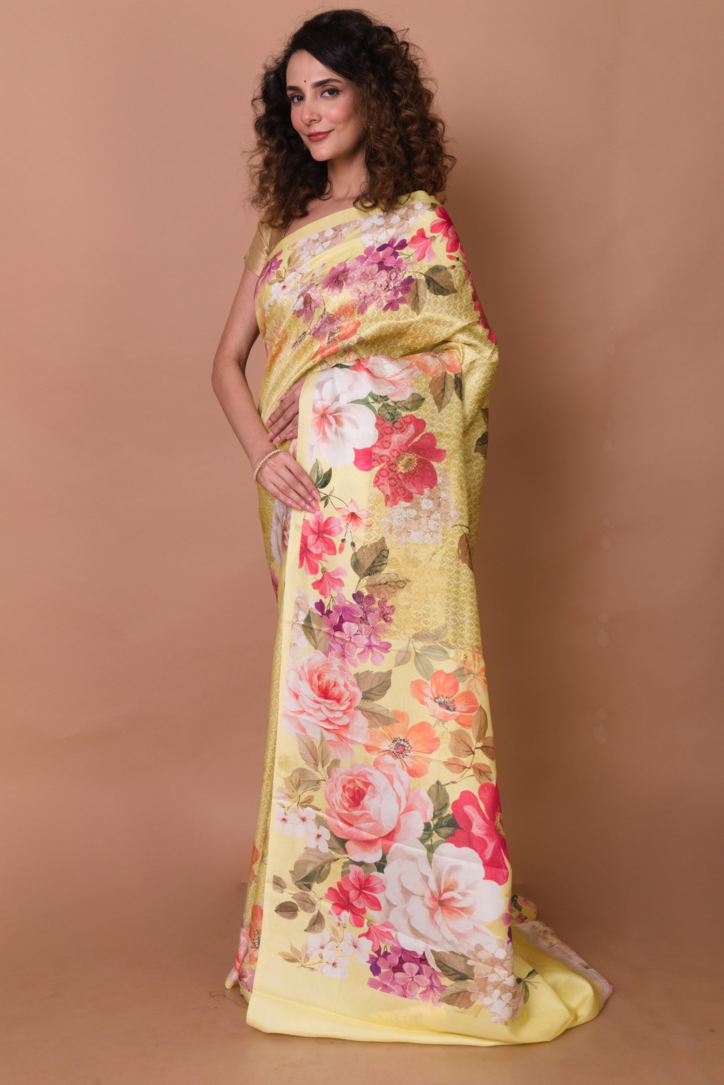 Kanchipuram Silk Brocade And Floral Printed Lemon Yellow Saree