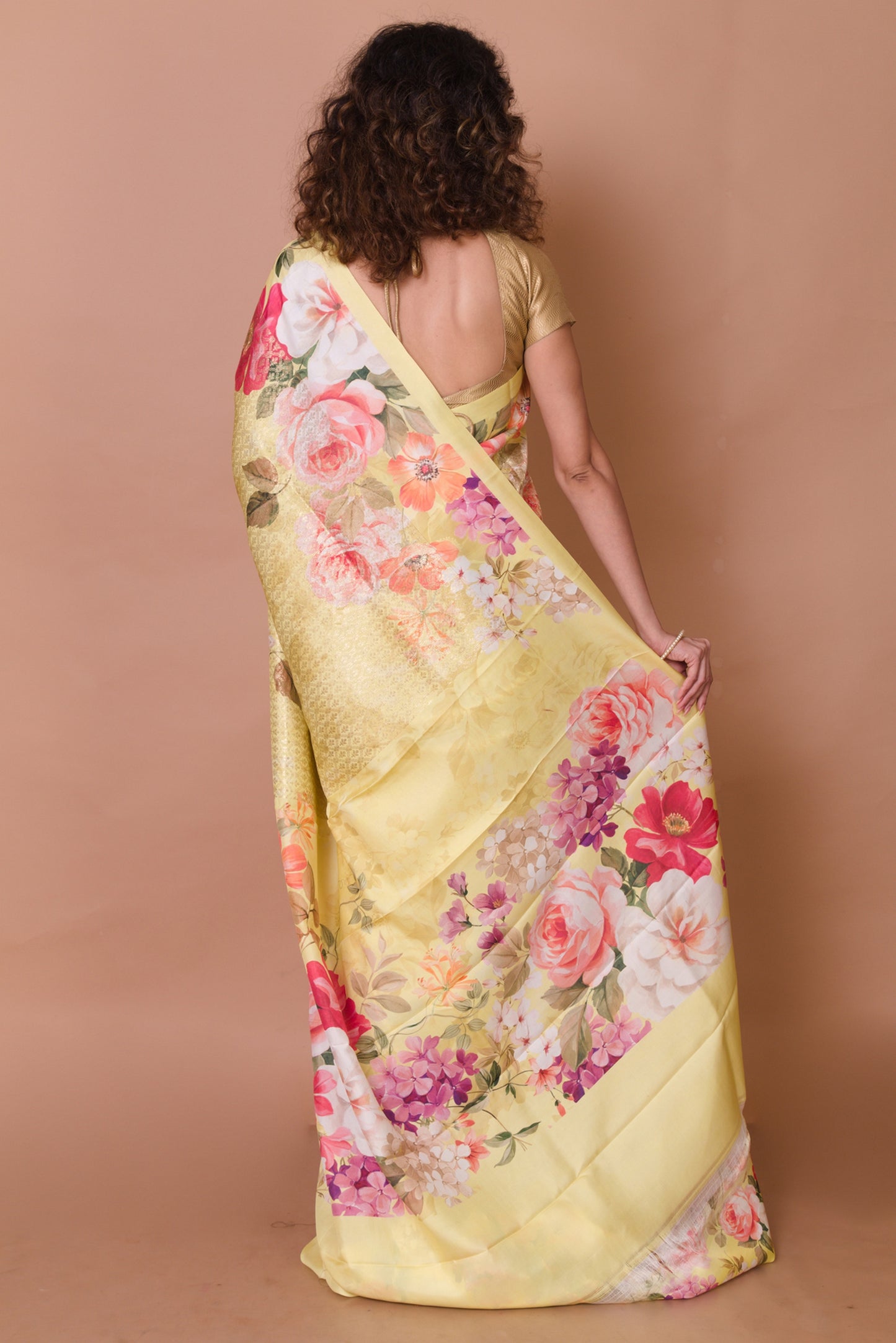 Kanchipuram Silk Brocade And Floral Printed Lemon Yellow Saree