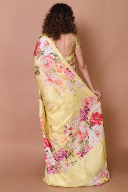 Kanchipuram Silk Brocade And Floral Printed Lemon Yellow Saree