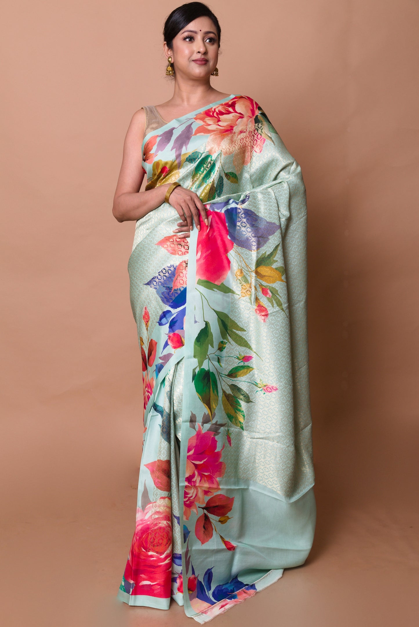 Kanchipuram Silk Brocade And Floral Printed Pastel Green Saree