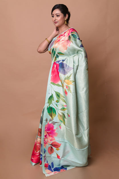 Kanchipuram Silk Brocade And Floral Printed Pastel Green Saree