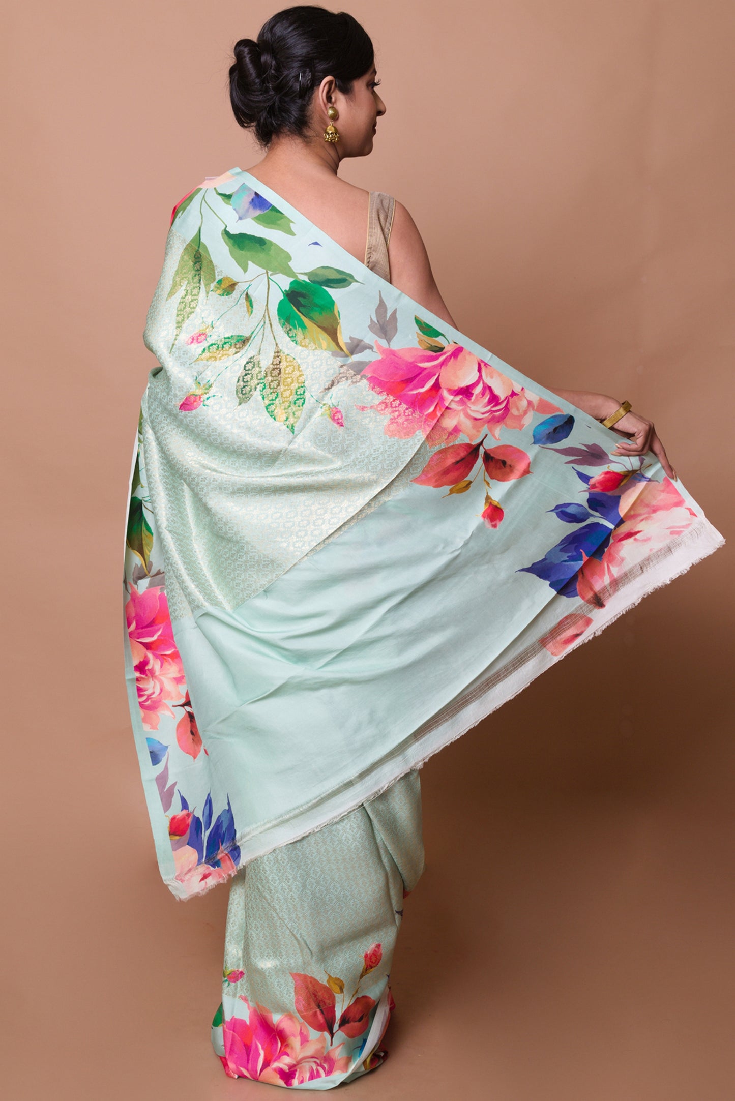 Kanchipuram Silk Brocade And Floral Printed Pastel Green Saree