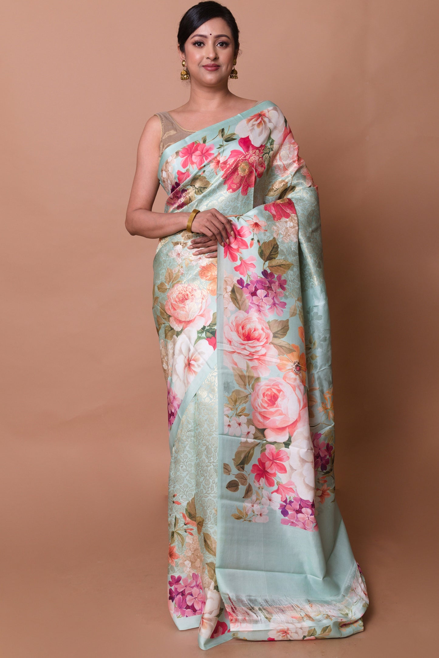 Kanchipuram Silk Brocade And Floral Printed Pastel Green Saree