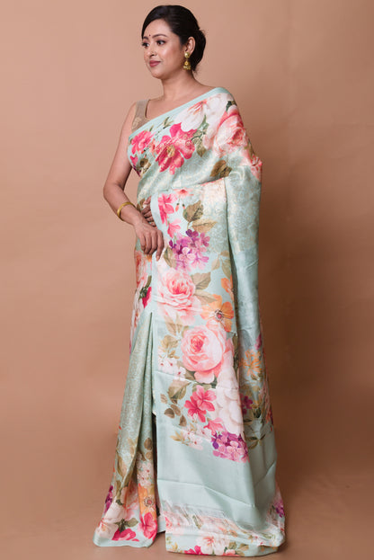 Kanchipuram Silk Brocade And Floral Printed Pastel Green Saree