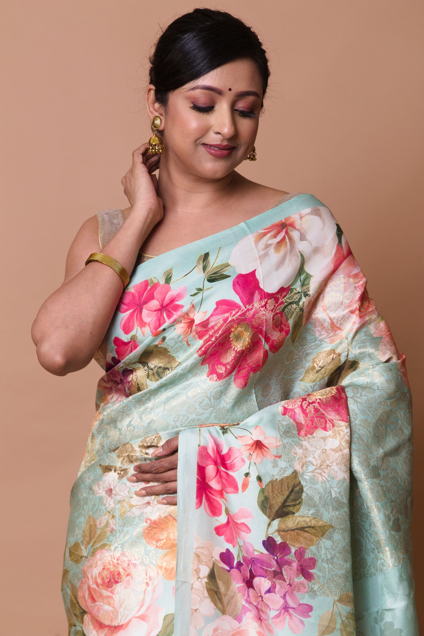 Kanchipuram Silk Brocade And Floral Printed Pastel Green Saree