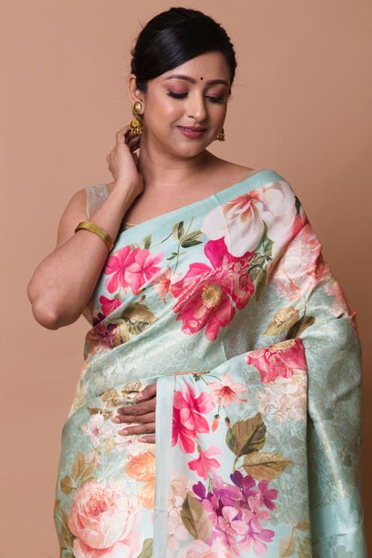 Kanchipuram Silk Brocade And Floral Printed Pastel Green Saree