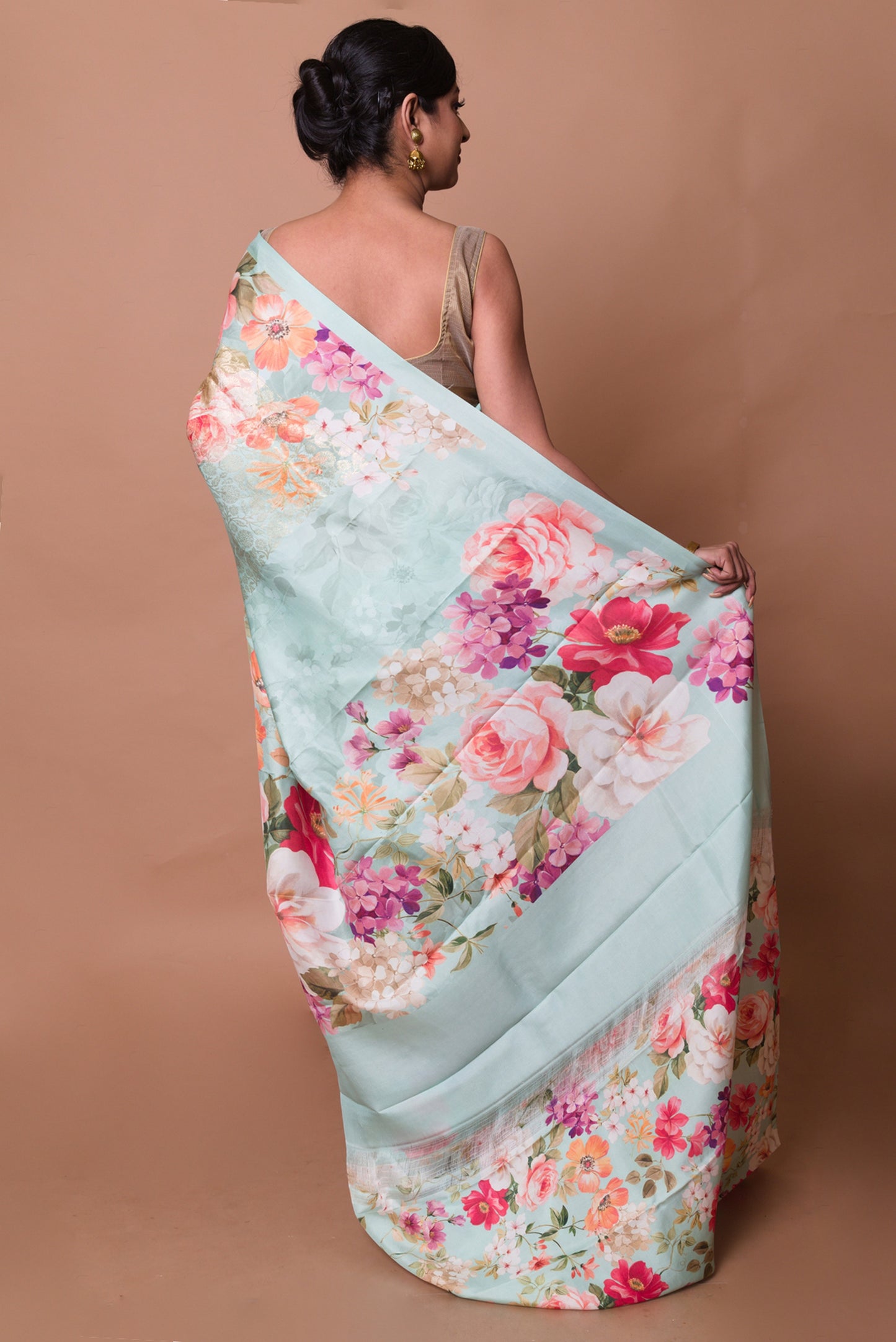 Kanchipuram Silk Brocade And Floral Printed Pastel Green Saree