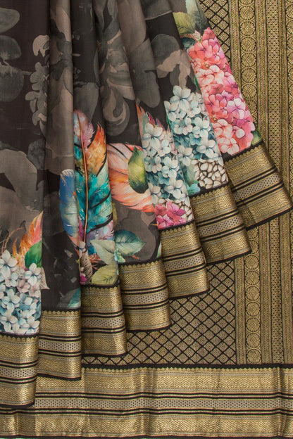 Kanchipuram Silk Floral Printed Black Saree