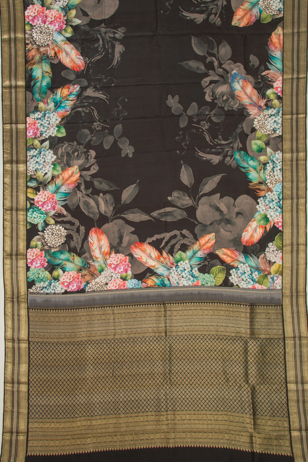 Kanchipuram Silk Floral Printed Black Saree