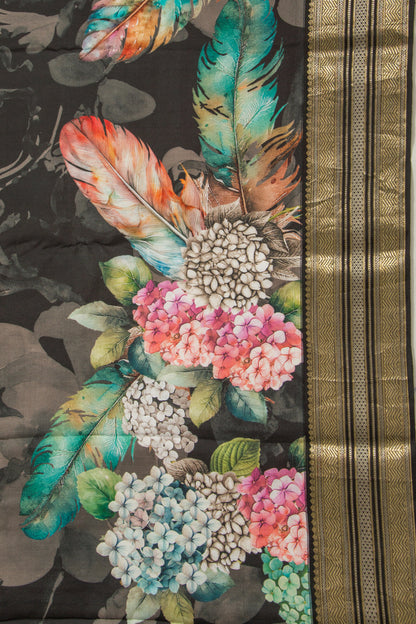 Kanchipuram Silk Floral Printed Black Saree