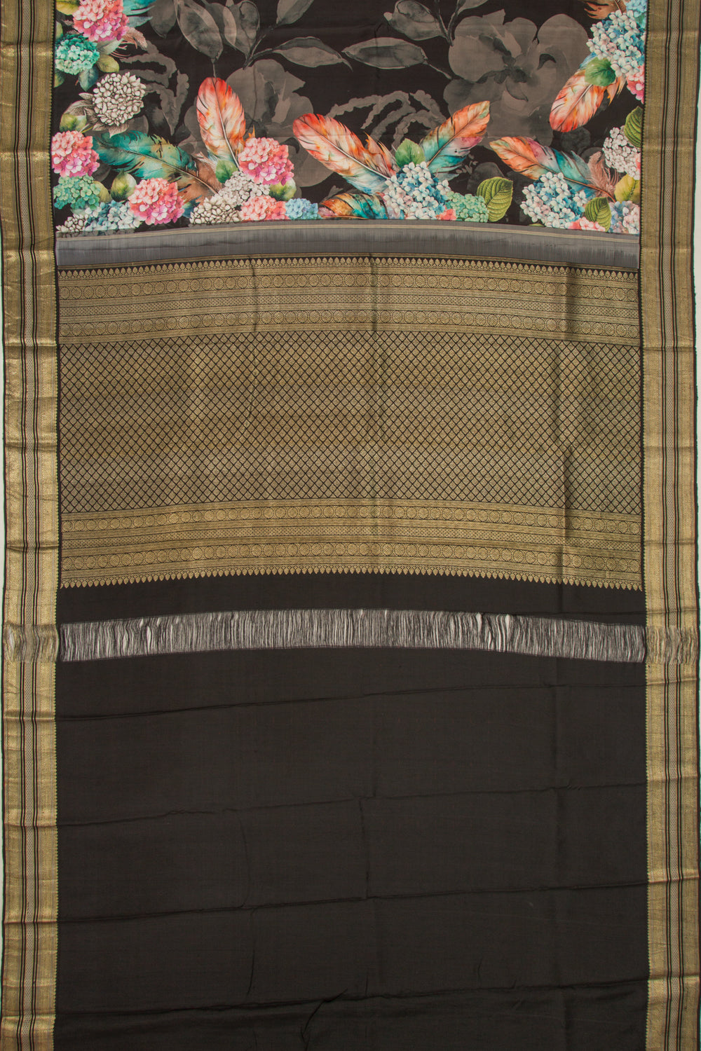 Kanchipuram Silk Floral Printed Black Saree