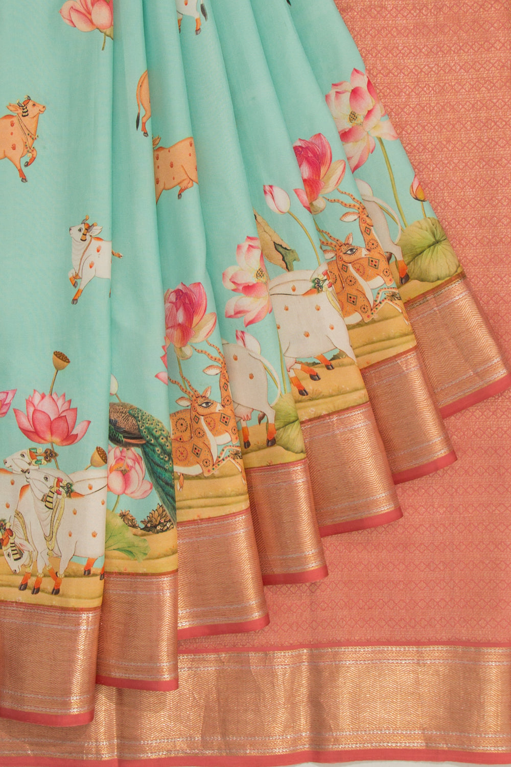 Kanchipuram Silk Pichwai Printed Sky Blue Saree