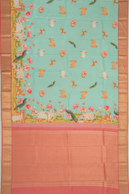 Kanchipuram Silk Pichwai Printed Sky Blue Saree