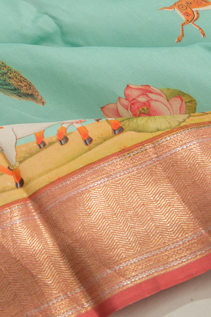 Kanchipuram Silk Pichwai Printed Sky Blue Saree