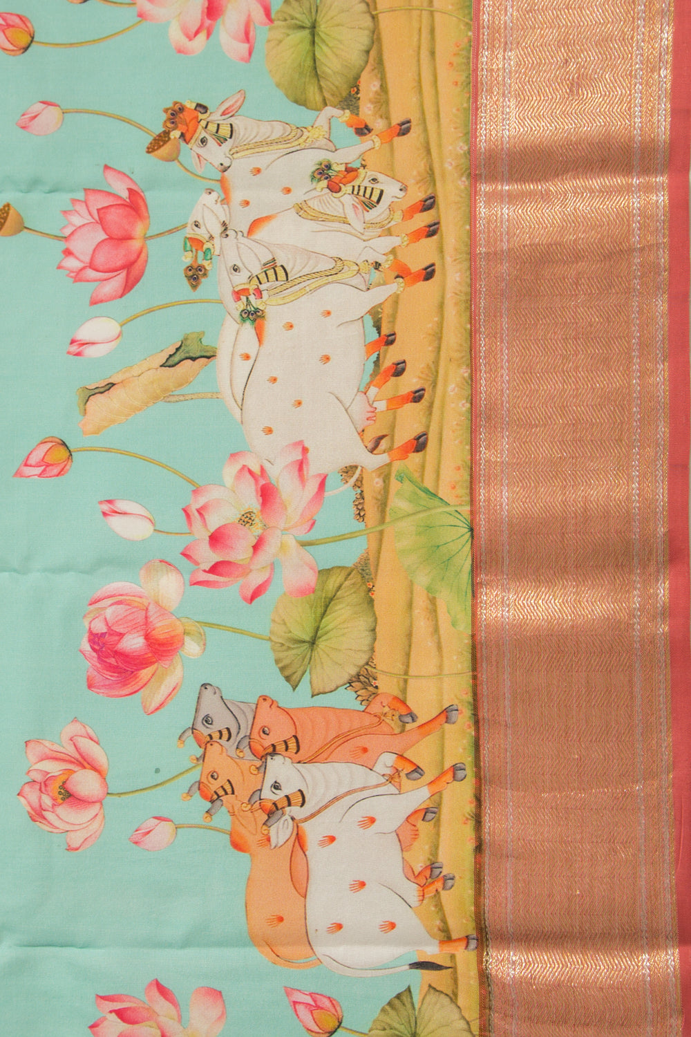 Kanchipuram Silk Pichwai Printed Sky Blue Saree