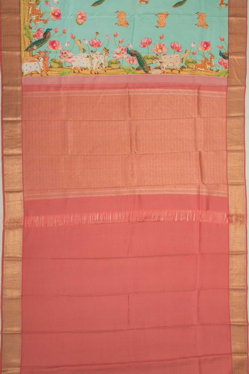 Kanchipuram Silk Pichwai Printed Sky Blue Saree