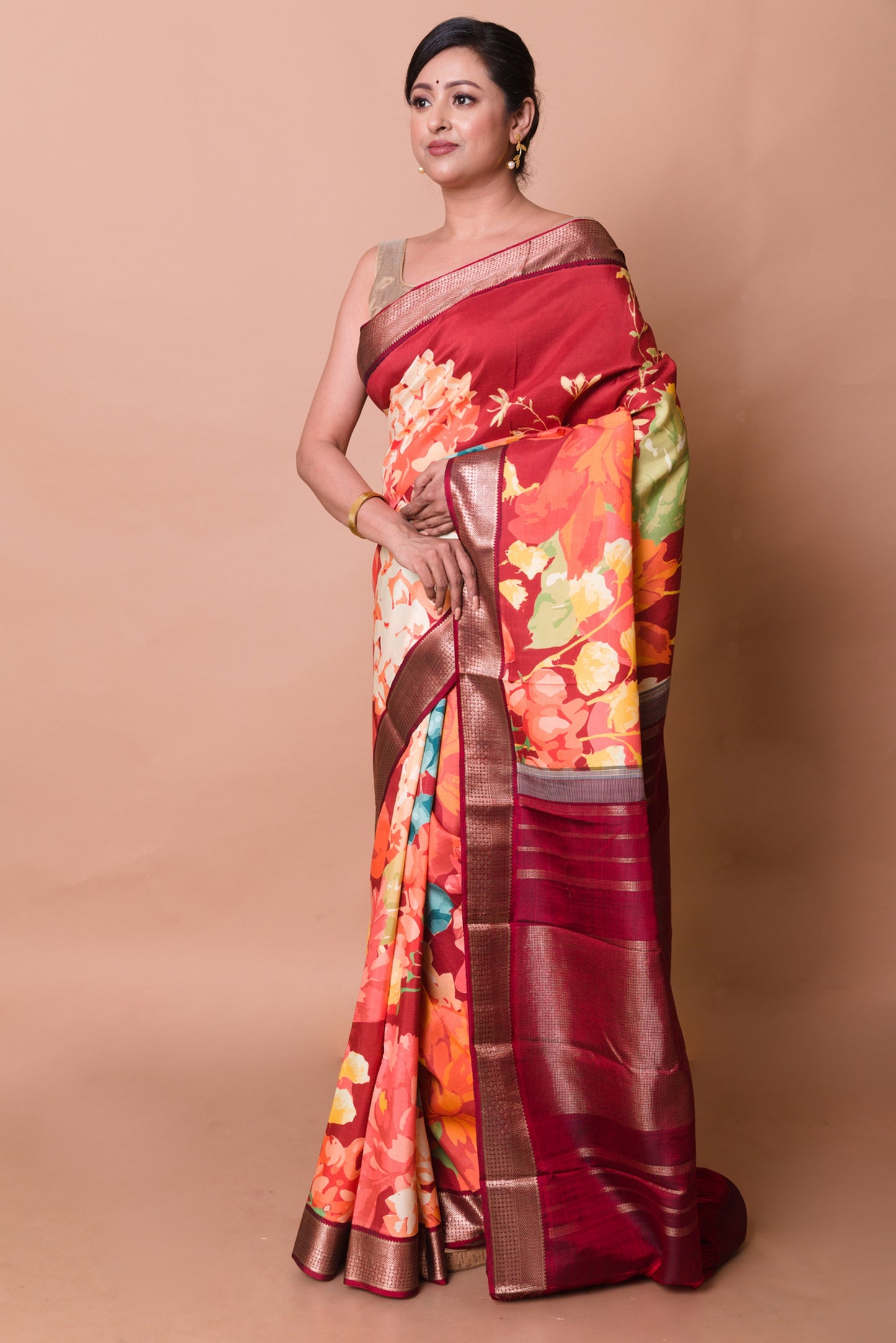 Kanchipuram Silk Floral Printed Maroon Saree
