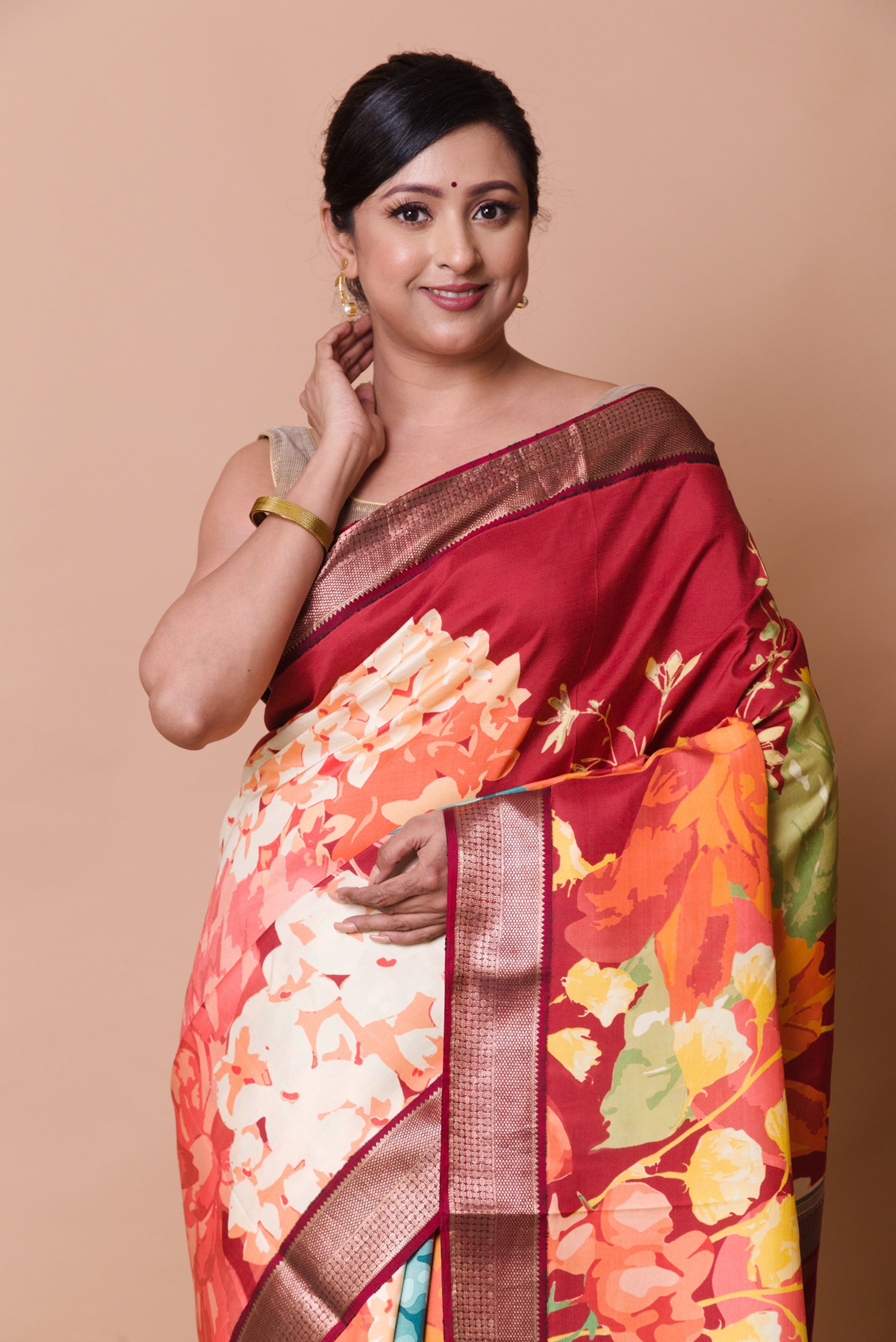 Kanchipuram Silk Floral Printed Maroon Saree