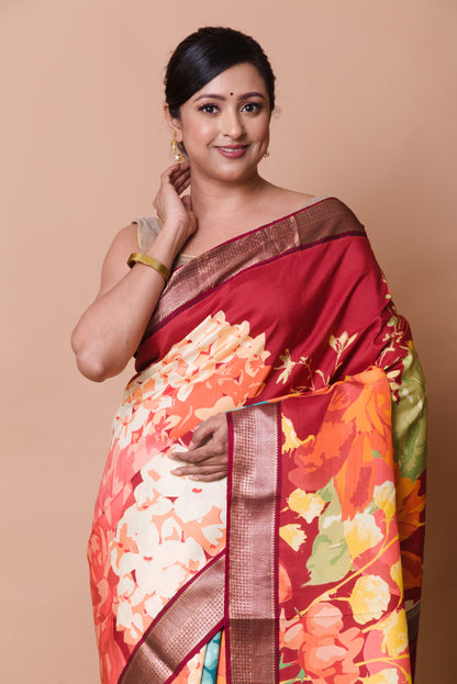 Kanchipuram Silk Floral Printed Maroon Saree