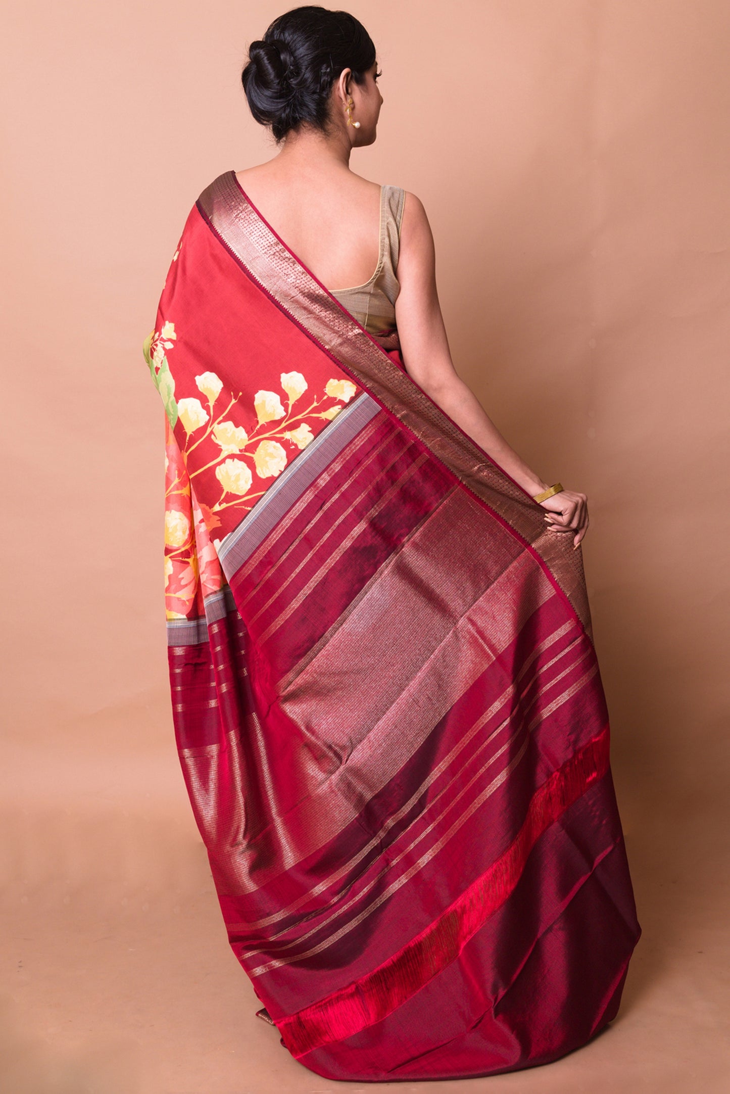 Kanchipuram Silk Floral Printed Maroon Saree
