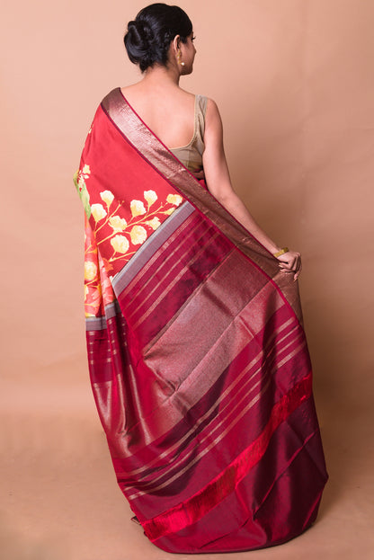 Kanchipuram Silk Floral Printed Maroon Saree
