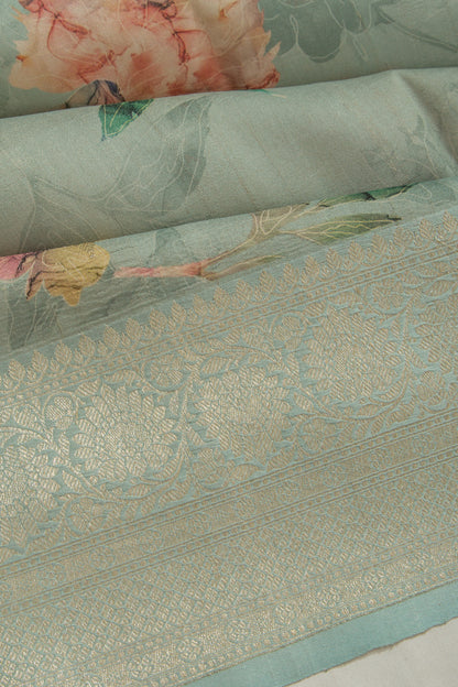 Tussar Floral Printed Pastel Blue Saree