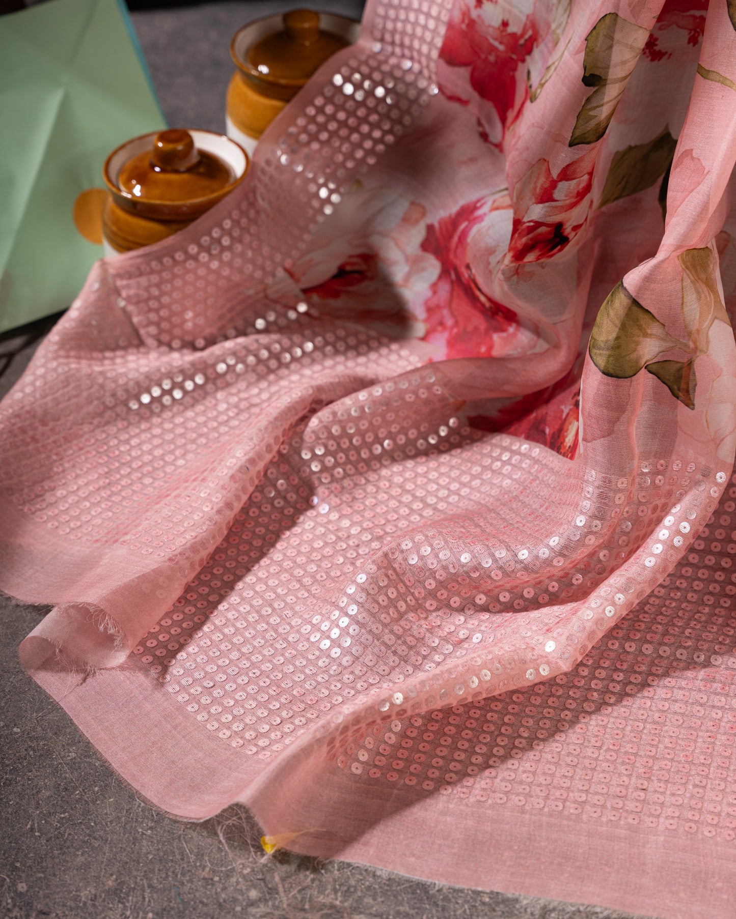 Baby Pink Organza Floral Saree with Sequin Border and Pallu