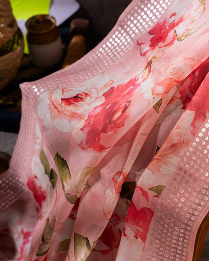 Baby Pink Organza Floral Saree with Sequin Border and Pallu