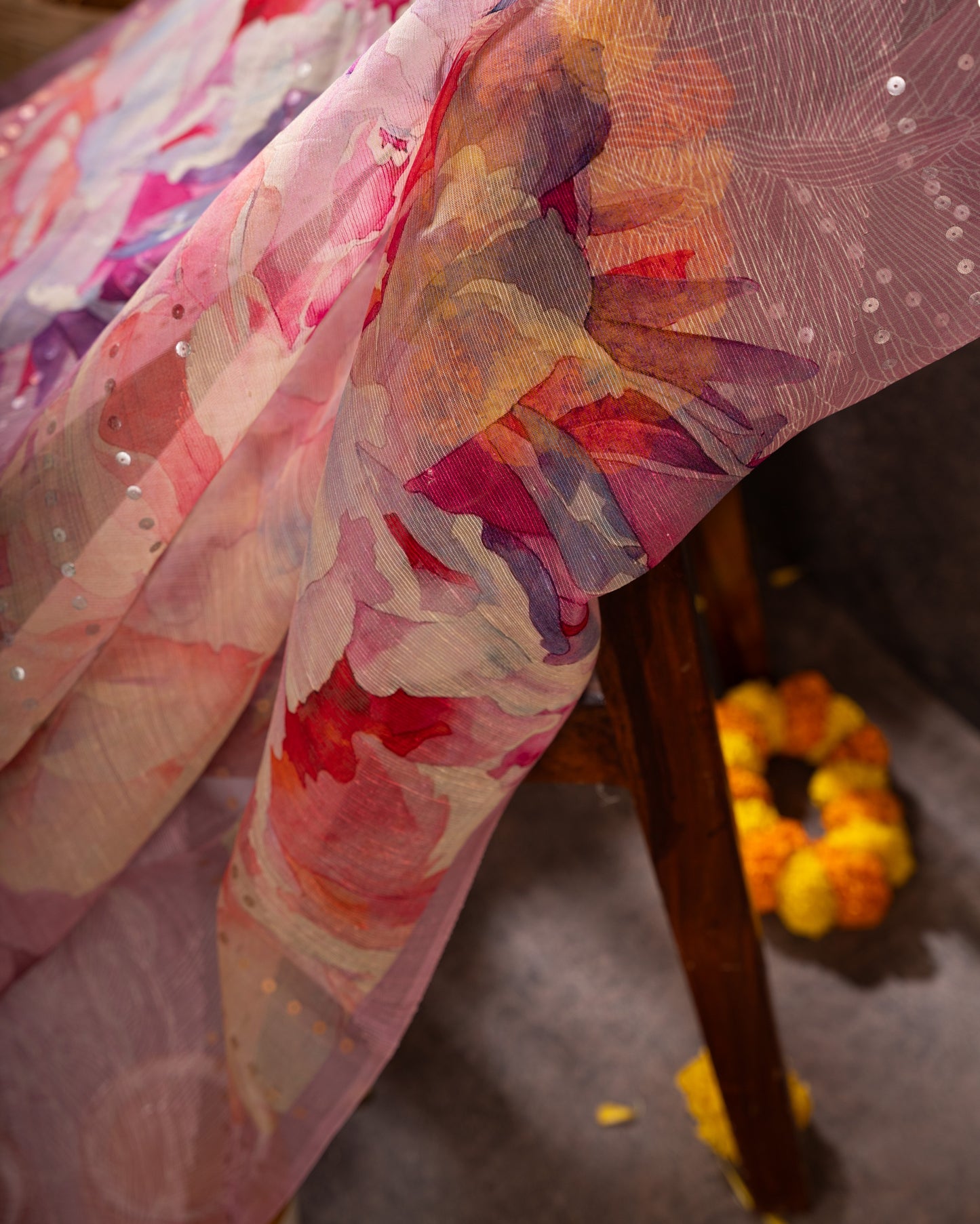 Sequin-embellished Organza Floral Pastel Pink Saree Weave