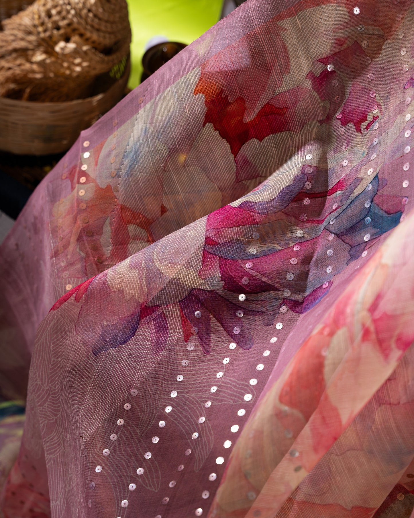 Sequin-embellished Organza Floral Pastel Pink Saree Weave