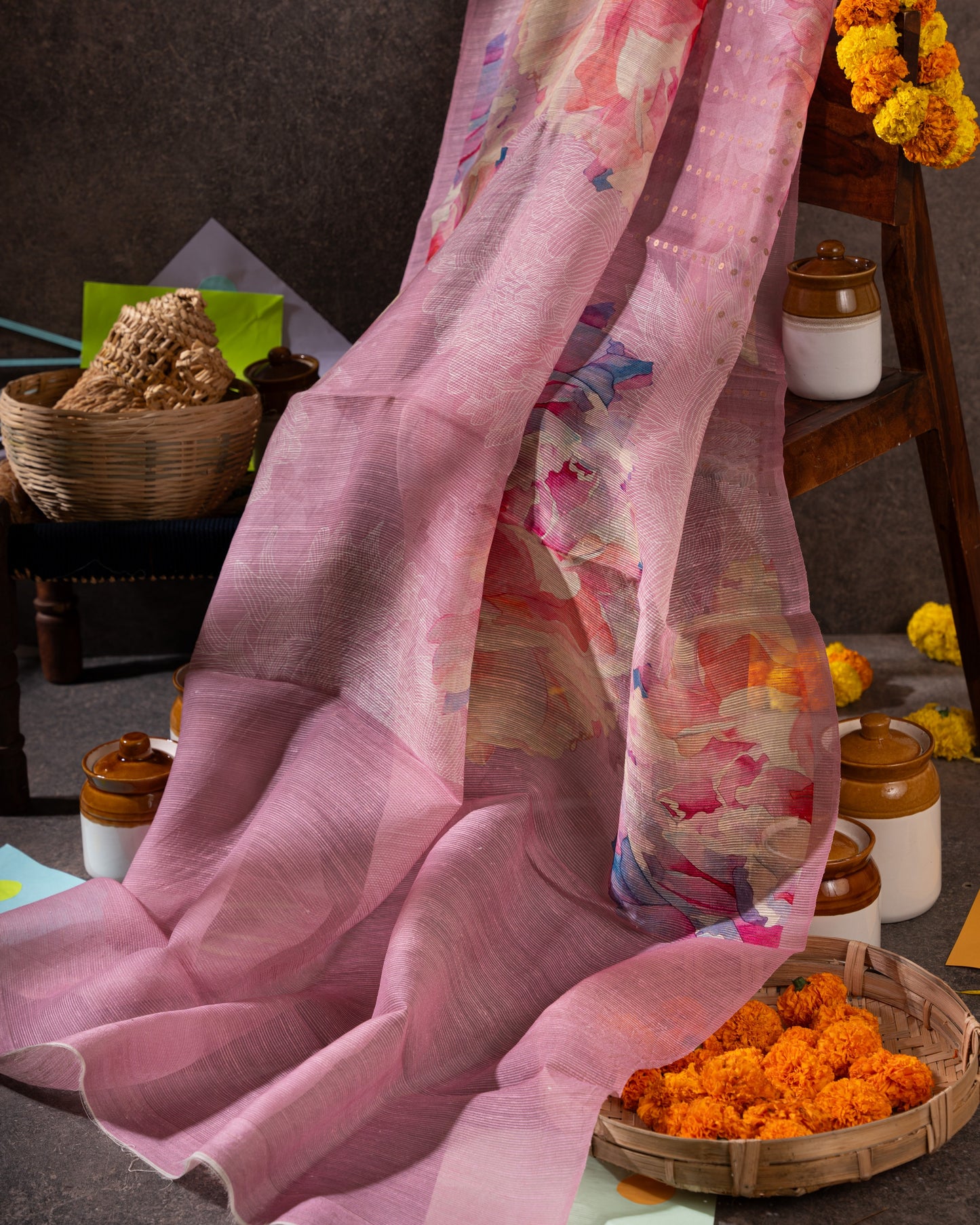 Sequin-embellished Organza Floral Pastel Pink Saree Weave