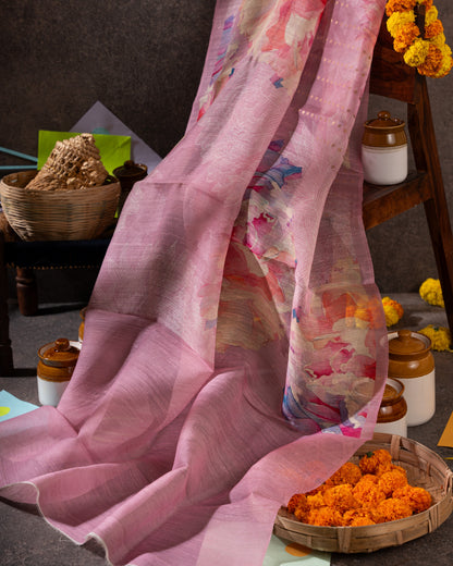 Sequin-embellished Organza Floral Pastel Pink Saree Weave