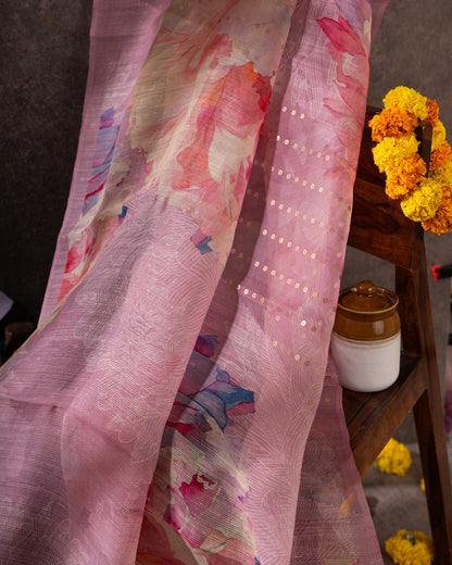 Sequin-embellished Organza Floral Pastel Pink Saree Weave