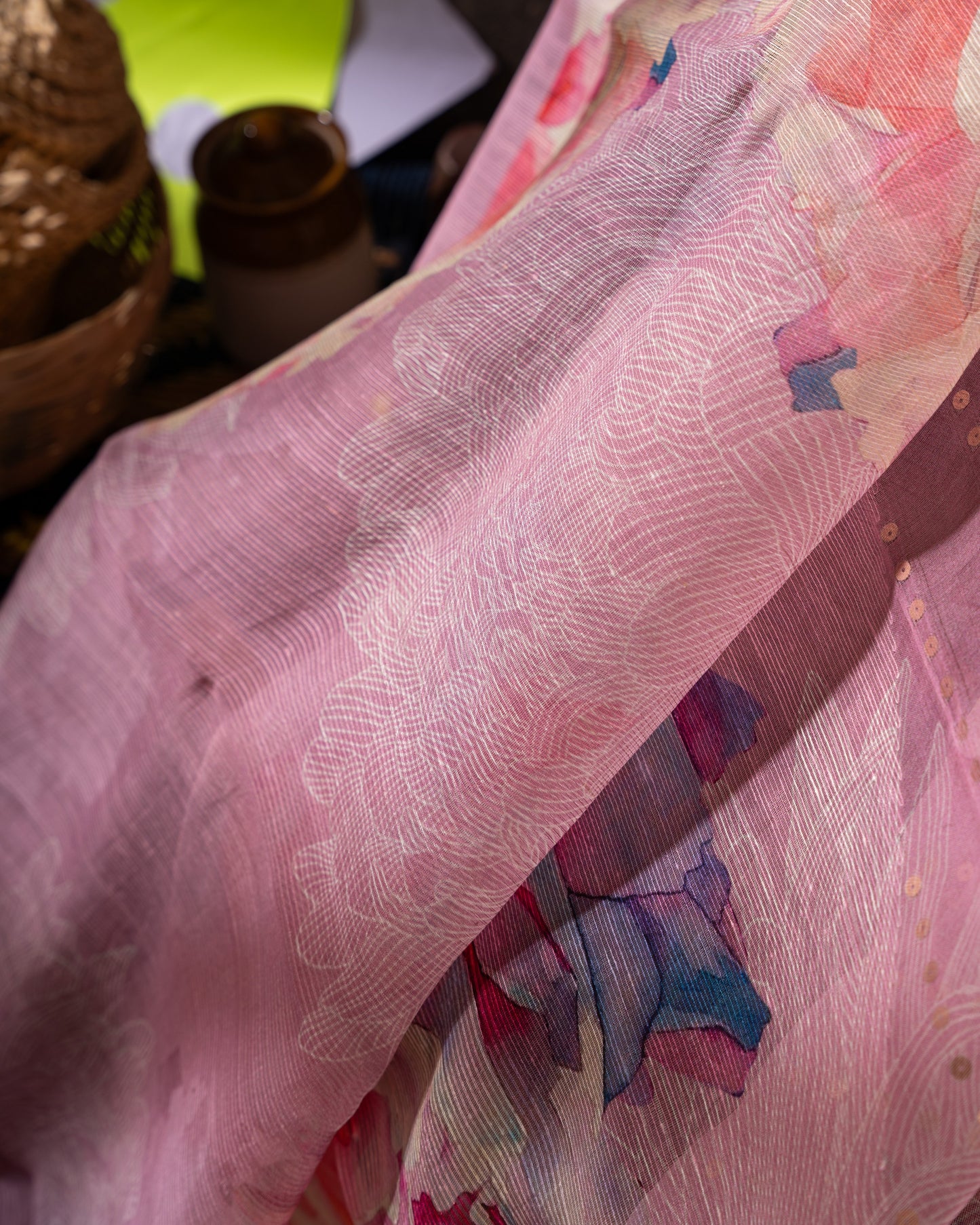 Sequin-embellished Organza Floral Pastel Pink Saree Weave