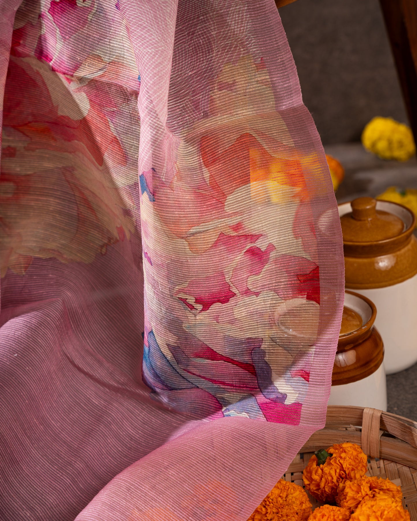 Sequin-embellished Organza Floral Pastel Pink Saree Weave