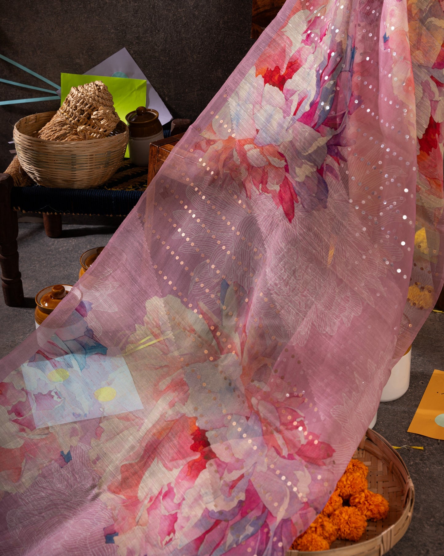 Sequin-embellished Organza Floral Pastel Pink Saree Weave