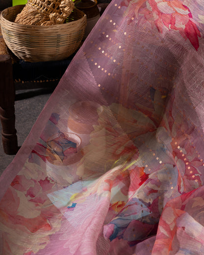 Sequin-embellished Organza Floral Pastel Pink Saree Weave