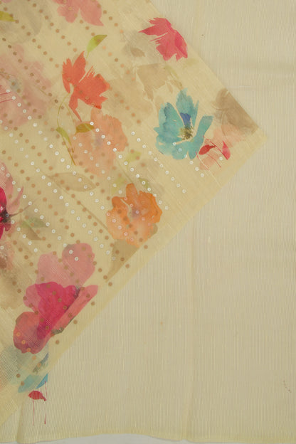 Organza Floral Printed Cream Saree With Sequin Work