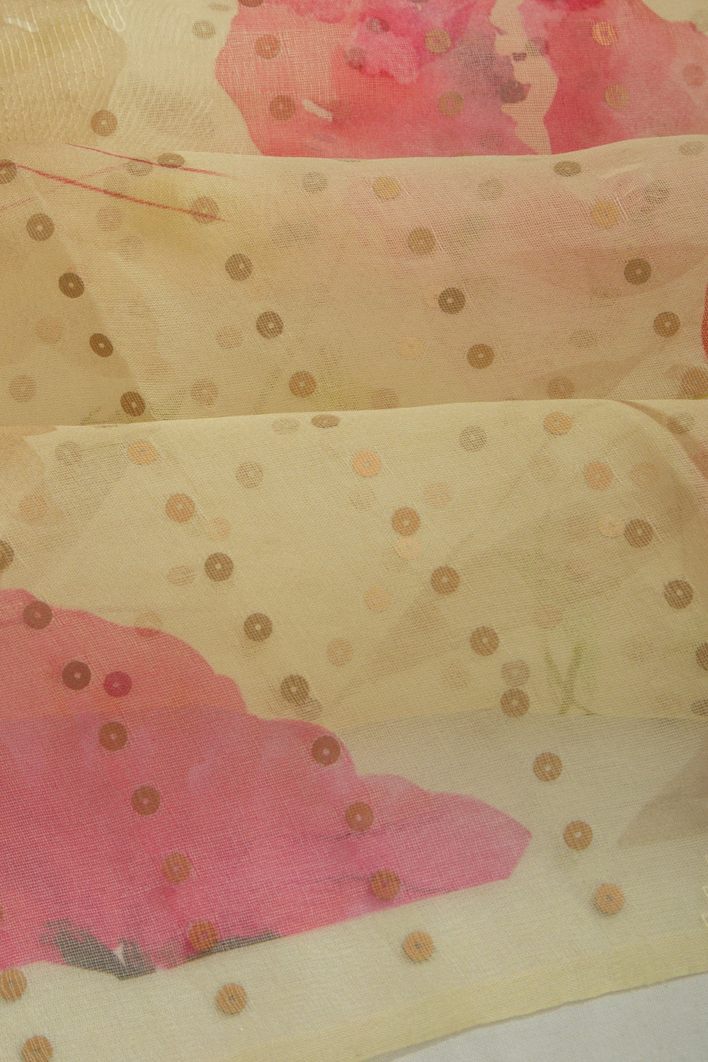 Organza Floral Printed Cream Saree With Sequin Work