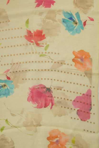 Organza Floral Printed Cream Saree With Sequin Work