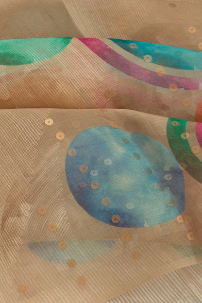 Organza Floral Printed Cream Saree With Sequins