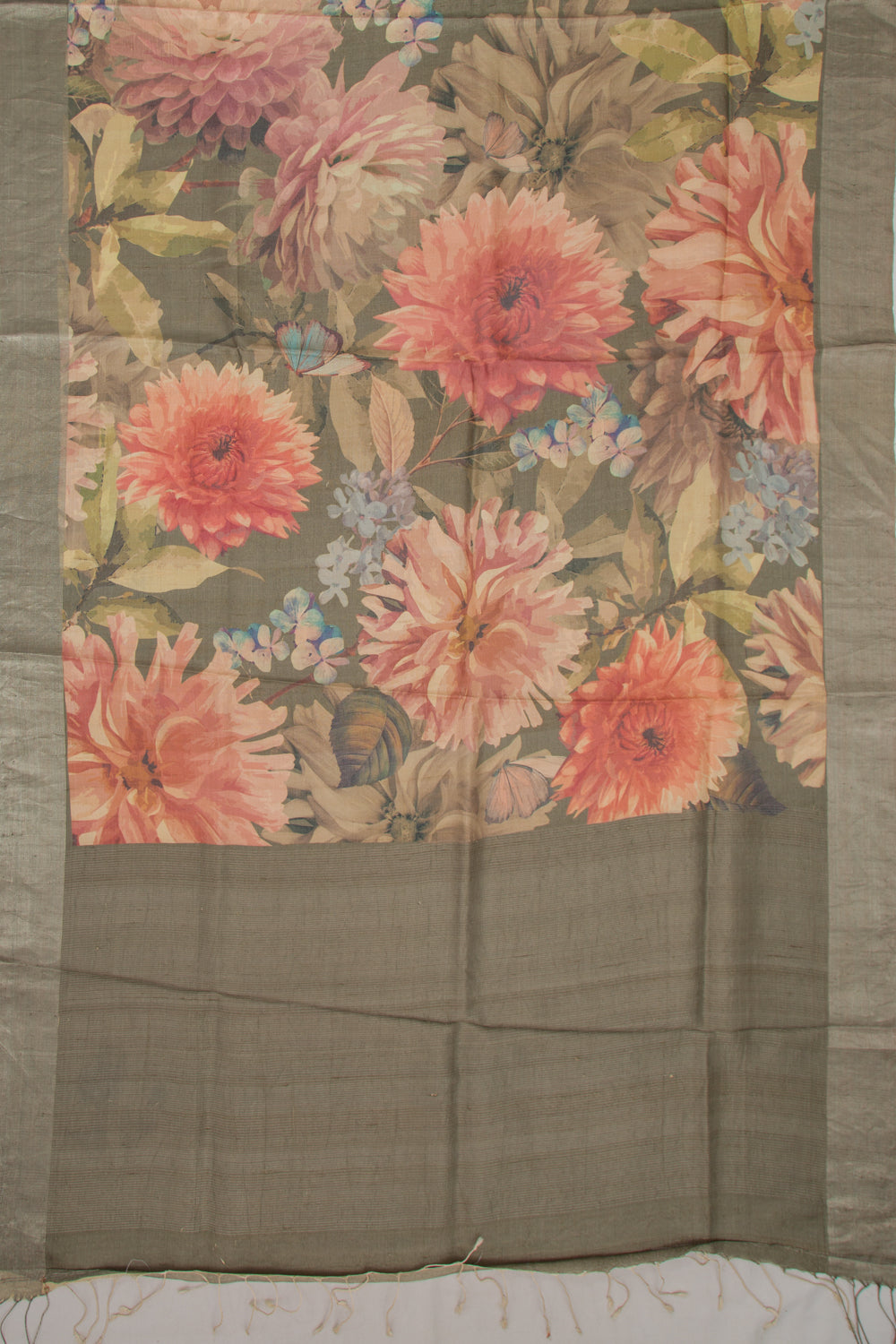 Tussar Floral Printed Elephant Black Saree