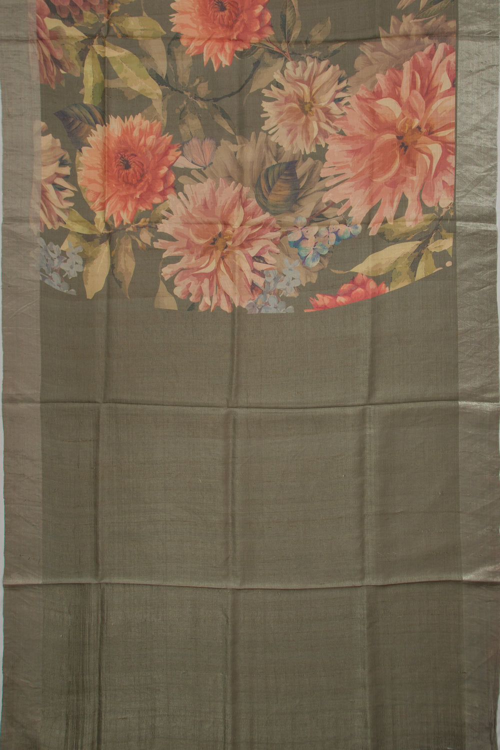 Tussar Floral Printed Elephant Black Saree